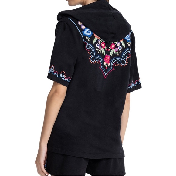 Johnny Was Tops - Johnny Was Black Floral Embroidered Notched Neck Pullover Hoodie Size Small